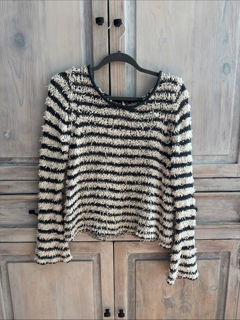 Free People Striped Fuzzy Crewneck Sweater - Black & Cream